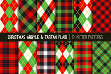 Christmas Argyle And Tartan Plaid Seamless Vector Patterns. Traditional Red, Green, Black,and White Winter Holiday Backgrounds. Vector Pattern Tile Swatches Included.