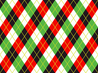 Wall Mural - Christmas Red, Green, Black and White Argyle Seamless Vector Pattern Background. Xmas Sweater Style Textile Print. Classic Stockings Diamond Check Fabric Texture. Pattern Tile Swatch Included.