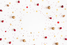 Christmas Composition. Christmas Red And Golden Decorations On White Background. Flat Lay, Top View, Copy Space
