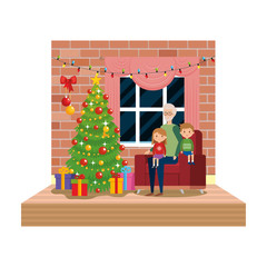 Sticker - grandfather and kids in livingroom with christmas decoration