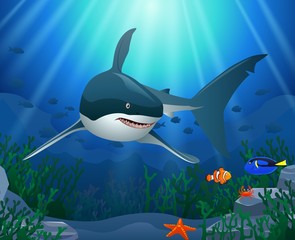 Wall Mural - Sharks and coral reefs in the sea. underwater beauty. Vector illustration