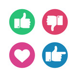 Fototapeta  - Thumbs up down sign. Point finger and heart icons in red and green circle. Social media love user reaction vector isolated buttons