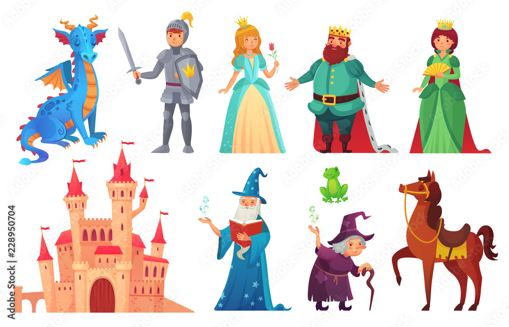 Fairy tales characters. Fantasy knight and dragon, prince and princess, magic world queen and king isolated cartoon vector set - obrazy, fototapety, plakaty 