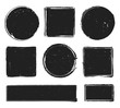 Grunge texture stamp. Circle label, square frame with grunge textures and rubber stamps prints isolated vector collection