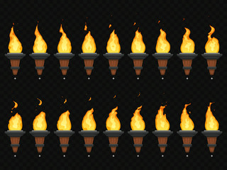 Wall Mural - torch fire animation. burning cresset, flames on torches and flambeau animated loop sequence isolate