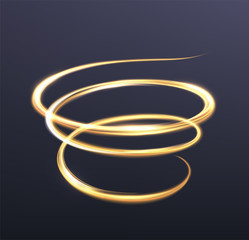 Wall Mural - golden glowing light, the magic brilliance of sparkling wave lines. spiral shiny flash on dark blue 