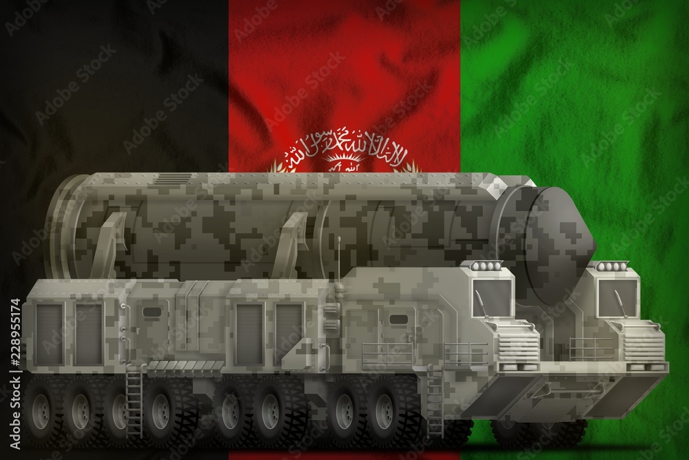 intercontinental ballistic missile with city camouflage on the Afghanistan national flag background. 3d Illustration - obrazy, fototapety, plakaty 