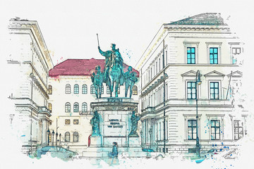 A watercolor sketch or illustration. Statue of King Ludwig the First of Bavaria in Munich, Germany.