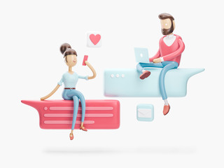 Wall Mural - 3d illustration. boy and girl are in love chat. social media concept