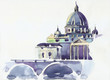 Handmade watercolor landscape with the Cathedral of St. Peter in Rome in Italy on a white background. View of the city with an arched bridge in the foreground in blue