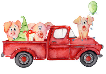 Wall Mural - Red Christmas truck with pigs and pine tree New year watercolor illustration