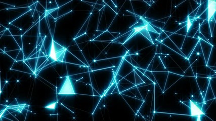 Poster - Camera zoom on particles. Dynamic magical background. Blue glow. Seamless loop.Futuristic Network.