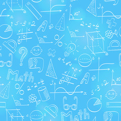 Seamless pattern on the theme of the school, of education and of the subject mathematics, the light hand-drawn graphics, formulas, and icons on blue background