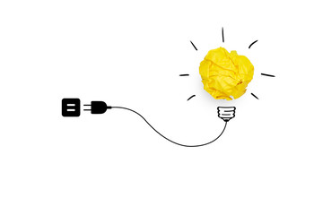 Wall Mural - Creative idea, Inspiration, New idea and Innovation concept with Yellow crumpled paper light bulb, Wires and plugs, white background.