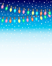 Christmas And New Year Background With Garland Eletric Bulb Lights And Falling Snow Balls On Blue White Gradien Background. EPS10 Vector Illustration