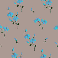 Wall Mural - Floral seamless pattern. Classic blooming leaves, spring decorative floral, seamless texture. Fashion template for design of clothes, small wild blue flowers on the beige background. Watercolor vector