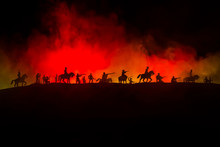 American Civil War Concept. Military Silhouettes Fighting Scene On War Fog Sky Background. Attack Scene.
