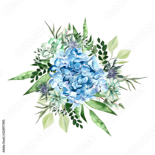 Watercolor bouquet with hydrangea flowers,  succulent plants and leaves.