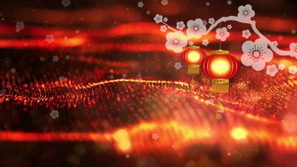 Aufkleber - Chinese New Year also known as the Spring Festival. Digital particles loop background with Chinese ornament and decorations