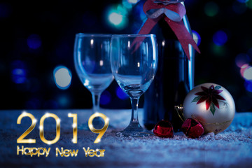 Wall Mural - 2019 Happy New Year text with champagne glasses