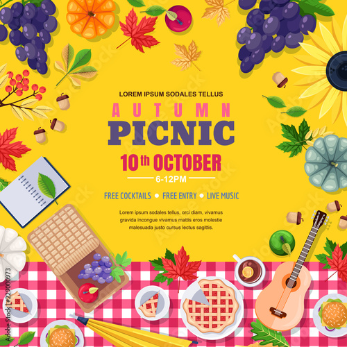 Fall Season Picnic Square Frame Vector Poster Or Banner With