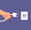 Disconnected plug. Connection or disconnection of electricity with wire plug and socket. 404 error, page not found vector concept. Electric disconnect wire, electricity socket and plug illustration