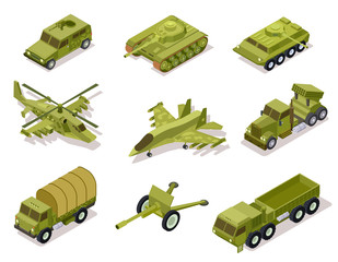 Sticker - Armor weapon collection. Helicopter and cannon, volley fire system and infantry fighting vehicle, tank armored truck. Isometric vector. Army artillery, helicopter military and tank illustration