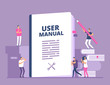 User manual concept. People with guide instruction or textbooks. User reading guidebook and writting guidance. Vector illustration. Manual book instruction, handbook help guide