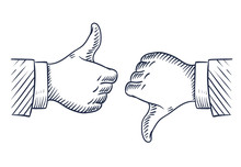 Hand Drawn Thumbs Up And Down. Like And Unlike Business Isolated Sketch Vector Symbols. Illustration Of Hand With Thumb Up Finger, Ok And Negative