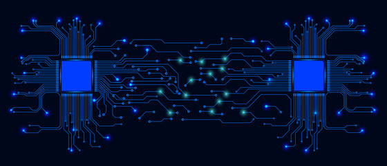 Poster - Circuit Board Technology CPU Microprocessor Interface Connection Vector Background. Blue Abstract Scifi PCB Trace Data Transfer Design Illustration.
