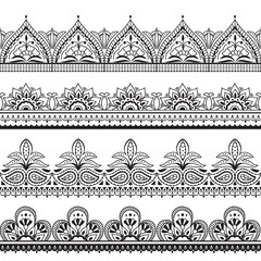Wall Mural - Mehndi indian design. Henna oriental seamless borders. Indian floral ornament vector frames. Illustration of border seamless pattern tattoo embellishment