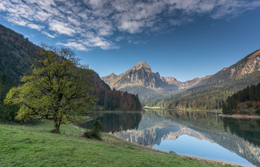 Poster - autumn color mountain landscape and lake in the Swiss Alps