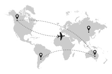 Poster - Airplane flight route on world map with dotted line path and location pin. Vector illustration.