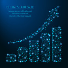 Aufkleber - Low poly business diagram with growth arrow and bar chart made by dot and line with polygonal wireframe mesh. Vector illustration.