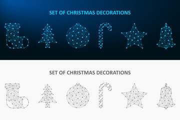 Aufkleber - Christmas decoration set made by dot and line. Low poly holiday ornaments polygonal wireframe mesh. Vector illustration.