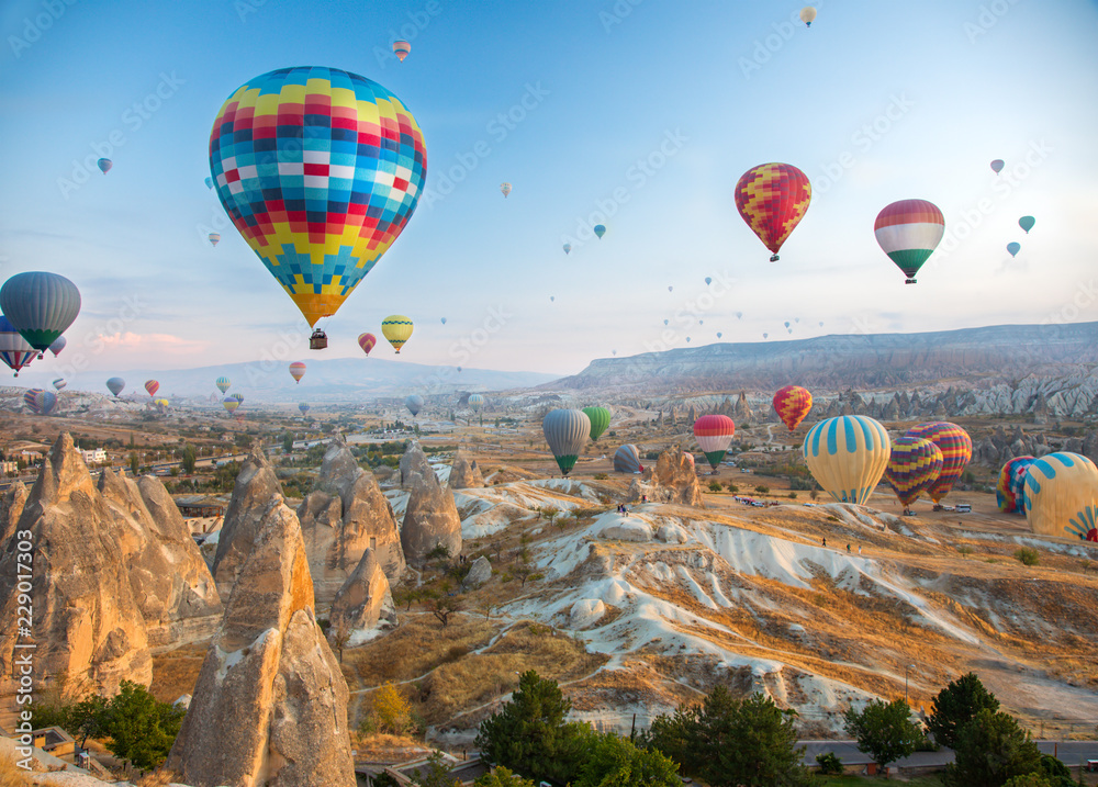Hot air balloon flying over Cappadocia, Turkey - obrazy, fototapety, plakaty 