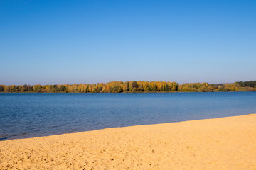 Wall Mural - Lake and golden trees on blue sky background