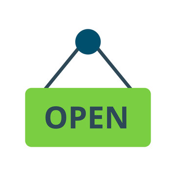 Flat icon green opened signboard hanging isolated on white background. Vector illustration.