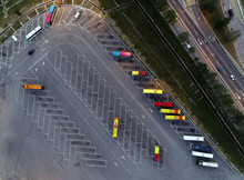 Aerial View. A Bird Eye View A Parking Lot For Buses.