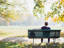 Young Man Relaxing With Back Turned Looking At The Park Thinking On A Autumn Day