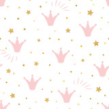 Pink cute princess pattern Seamless background with a pink crown gold stars on a white background vector