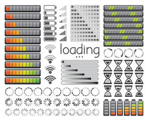 Set of loading bars, battery charge levels and wifi signal strength. Vector illustration.