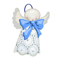 Wall Mural - Christmas toy in the form of a figurine of an angel made of cloth with a blue bow isolated on white background. Vector illustration.