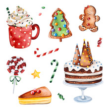 Bright Collection With Christmas Candy,sweets And Cakes.Watercolor Holiday Illustration.Perfect For Your Christmas And New Year Project,invitations,greeting Cards,wallpapers