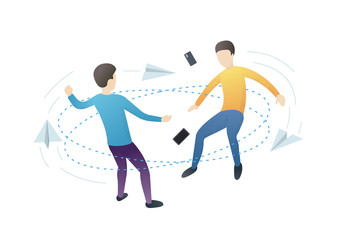 Two man chatting. Message template online. Internet social network concept. Online communication. Modern style vector illustration for landing page, website, banners and presentation.