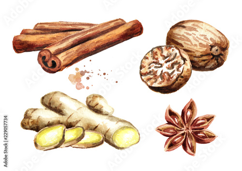 Fotografía Spices set with ginger, cinnamon sticks, star anise and nutmeg