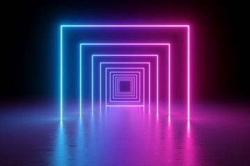 Poster - 3d render, abstract background, square portal, glowing lines, tunnel, neon lights, virtual reality, 