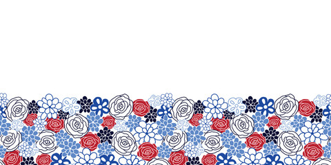 Seamless repeat border pattern tossed flower texture with blue white and red roses and hand drawn flowers. Great for fabric, paper products, stationary, home decor and more.