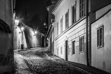 Wall Mural - Narrow cobbled street in old medieval town with illuminated houses by vintage street lamps, Novy svet, Prague, Czech Republic. Night shot