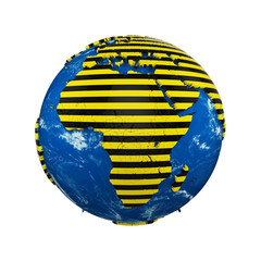 Fototapete - Planet earth globe isolated on white background. Yellow and black striped police warning safety ribbon. Concept dangerous zones.